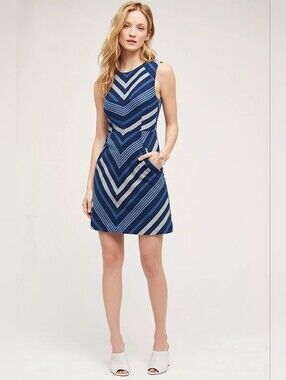 Anthropologie Antonia Dress By Maeve, Bodycon  Blue Chevron Dress, Sz 6